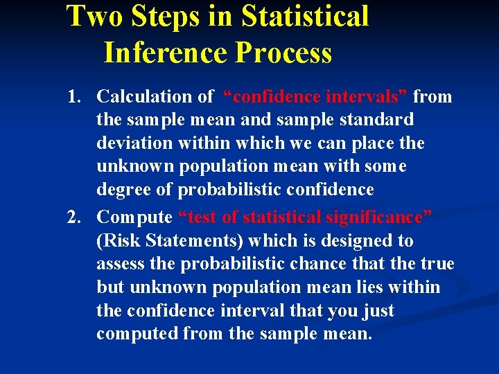 Two Steps in Statistical Inference Process 1. Calculation of “confidence intervals” from the sample