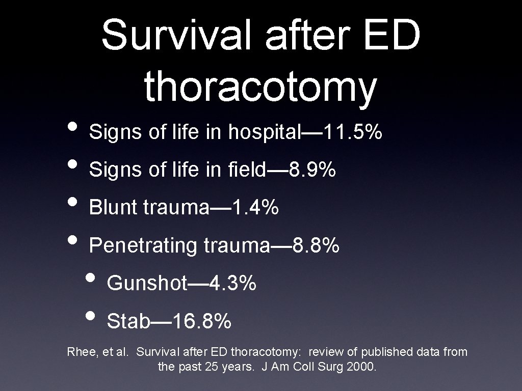 Survival after ED thoracotomy • Signs of life in hospital— 11. 5% • Signs