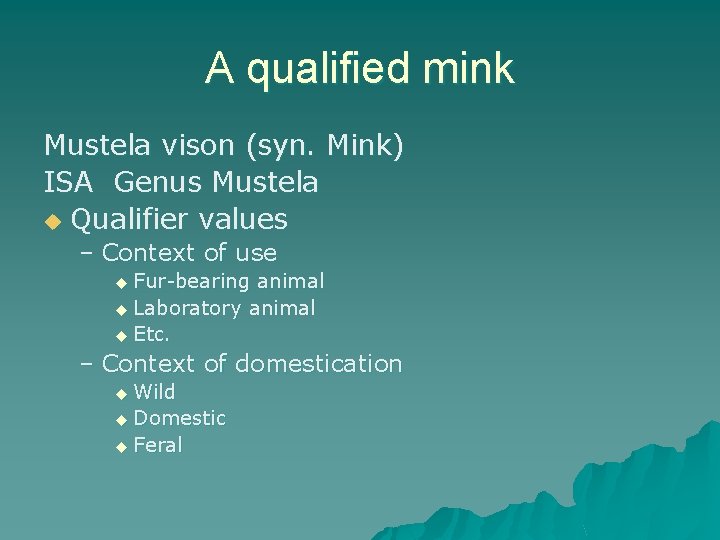 A qualified mink Mustela vison (syn. Mink) ISA Genus Mustela u Qualifier values –