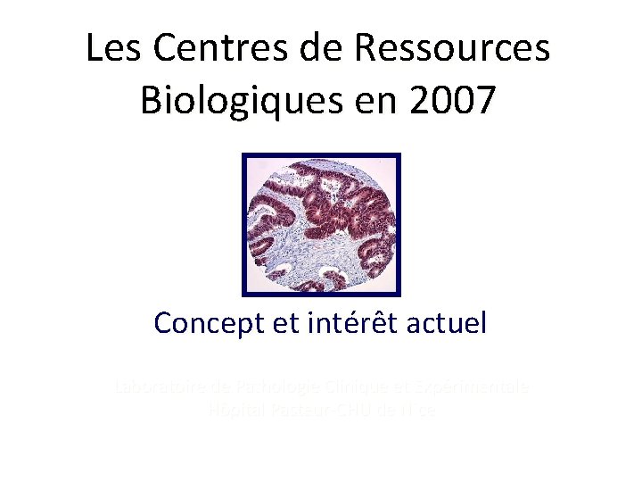 Les Centres de Ressources Biologiques en 2007 Concept et intérêt actuel Laboratoire de Pathologie