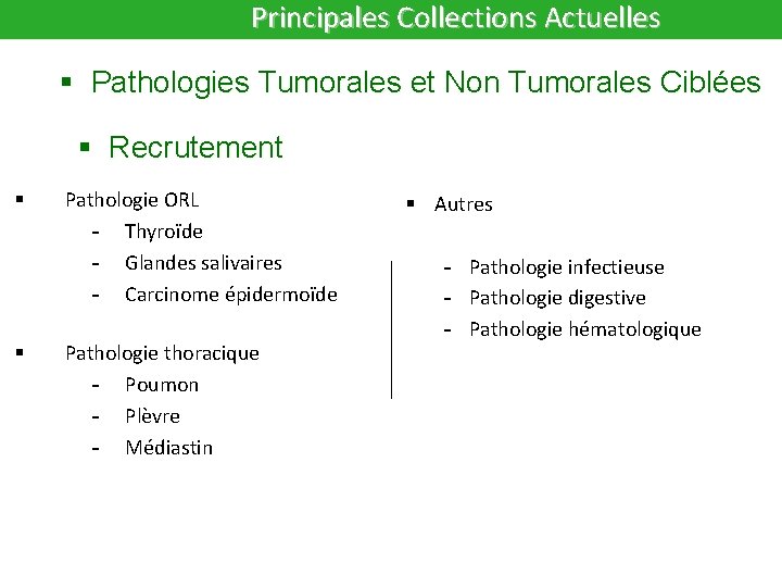  Principales Collections Actuelles § Pathologies Tumorales et Non Tumorales Ciblées § Recrutement §