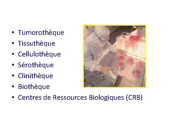  • • Tumorothèque Tissuthèque Cellulothèque Sérothèque Clinithèque Biothèque Centres de Ressources Biologiques (CRB)