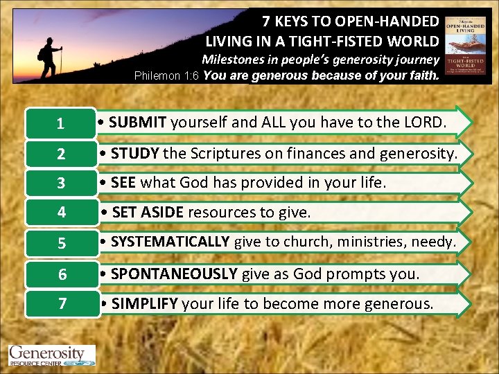 7 KEYS TO OPEN-HANDED LIVING IN A TIGHT-FISTED WORLD Milestones in people’s generosity journey