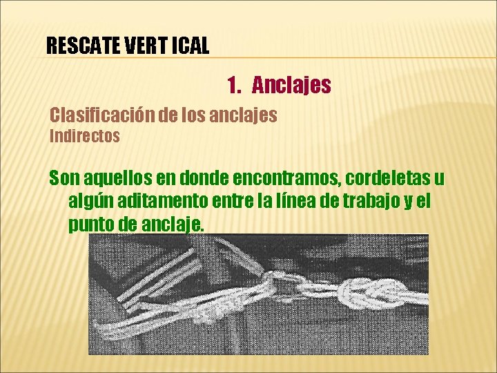 RESCATE VERT ICAL 1. Anclajes Clasificación de los anclajes Indirectos Son aquellos en donde