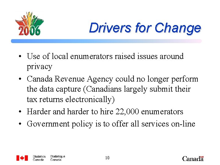 Drivers for Change • Use of local enumerators raised issues around privacy • Canada