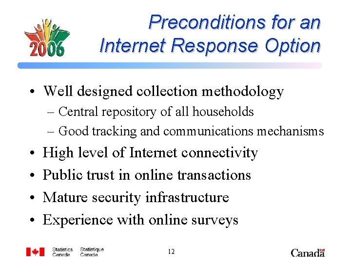 Preconditions for an Internet Response Option • Well designed collection methodology – Central repository