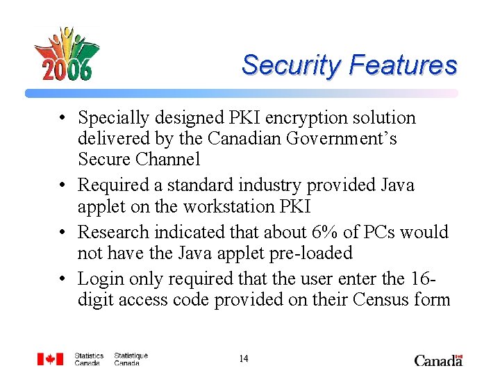 Security Features • Specially designed PKI encryption solution delivered by the Canadian Government’s Secure