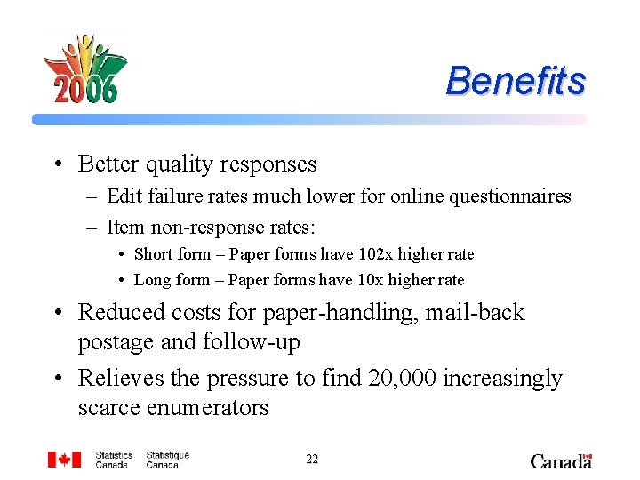 Benefits • Better quality responses – Edit failure rates much lower for online questionnaires