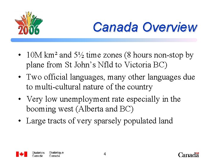 Canada Overview • 10 M km² and 5½ time zones (8 hours non-stop by