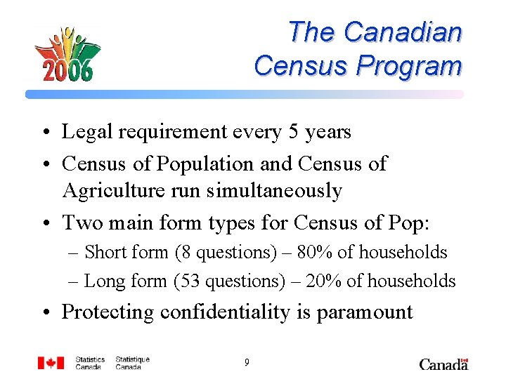 The Canadian Census Program • Legal requirement every 5 years • Census of Population