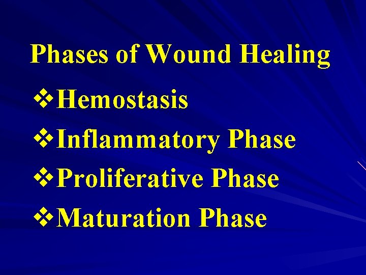 Phases of Wound Healing v. Hemostasis v. Inflammatory Phase v. Proliferative Phase v. Maturation
