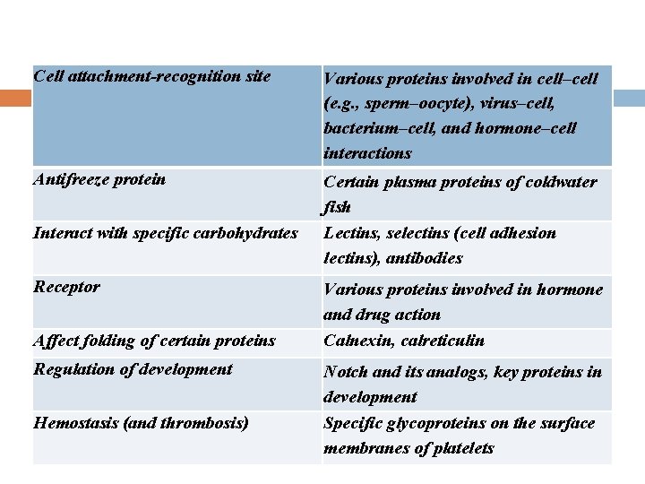 Cell attachment-recognition site Various proteins involved in cell–cell (e. g. , sperm–oocyte), virus–cell, bacterium–cell,