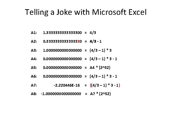 Telling a Joke with Microsoft Excel A 1: 1. 333333300 = 4/3 A 2: