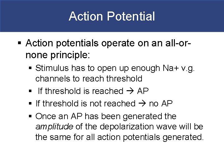 Action Potential § Action potentials operate on an all-ornone principle: § Stimulus has to