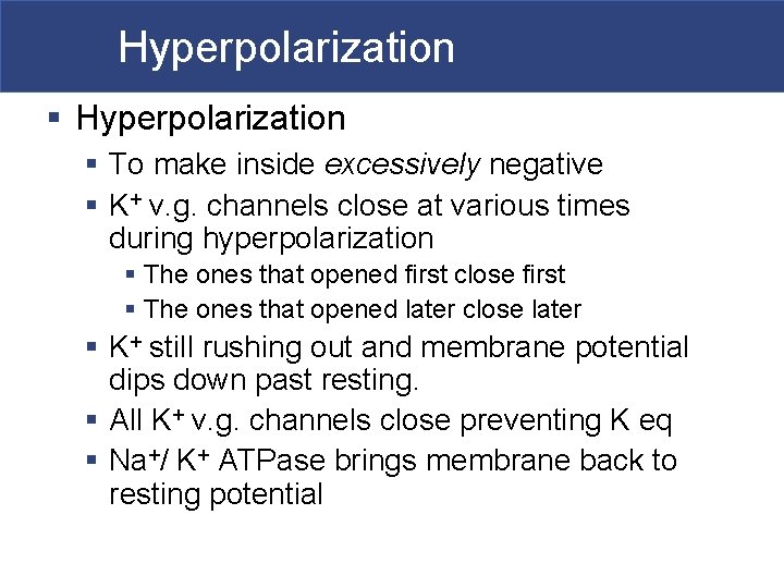 Hyperpolarization § To make inside excessively negative § K+ v. g. channels close at