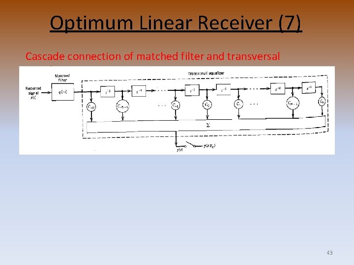 Optimum Linear Receiver (7) Cascade connection of matched filter and transversal equalizer 43 