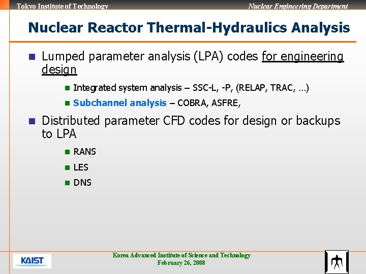 Tokyo Institute of Technology Nuclear Engineering Department Nuclear Reactor Thermal-Hydraulics Analysis n n Lumped