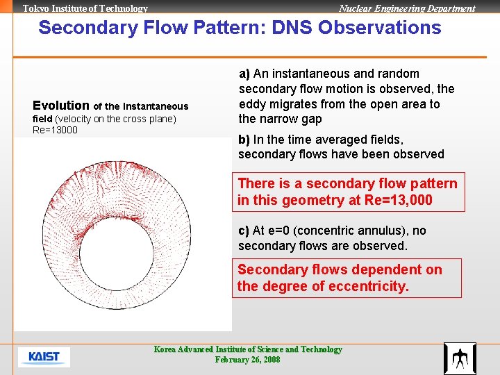 Tokyo Institute of Technology Nuclear Engineering Department Secondary Flow Pattern: DNS Observations Evolution of