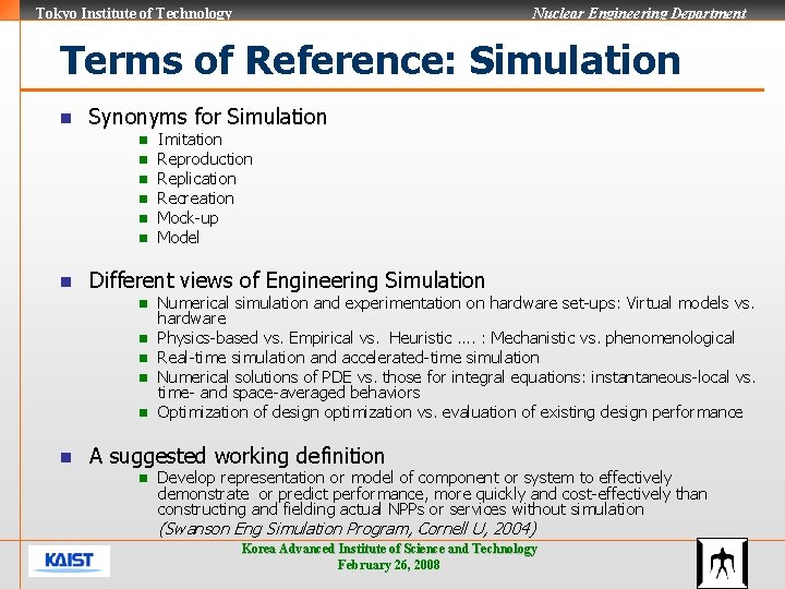 Tokyo Institute of Technology Nuclear Engineering Department Terms of Reference: Simulation n Synonyms for