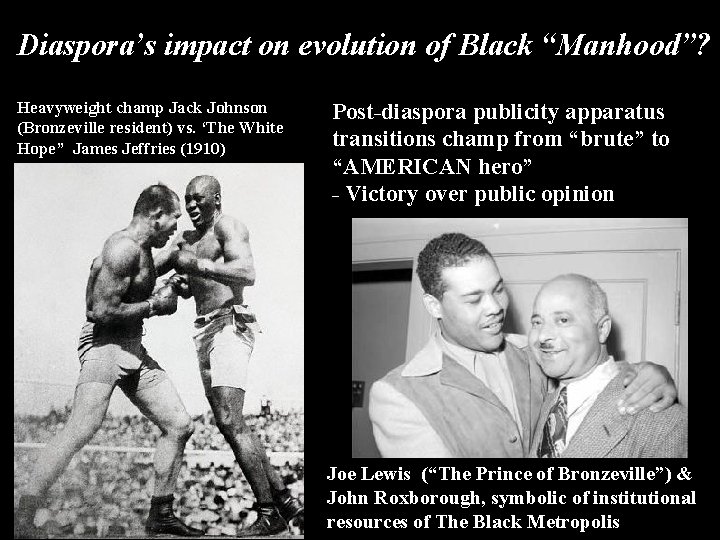 Diaspora’s impact on evolution of Black “Manhood”? Heavyweight champ Jack Johnson (Bronzeville resident) vs.