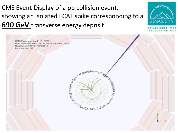 CMS Event Display of a pp collision event, showing an isolated ECAL spike corresponding