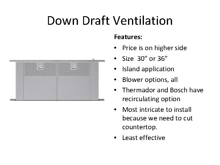 Down Draft Ventilation Features: Price is on higher side Size 30” or 36” Island