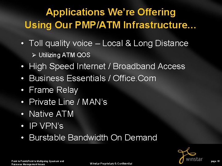 Applications We’re Offering Using Our PMP/ATM Infrastructure… • Toll quality voice – Local &