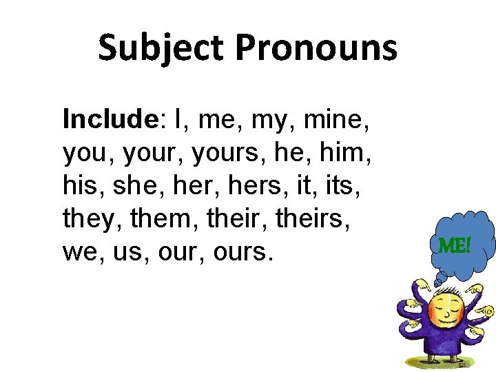 Subject Pronouns Include: I, me, my, mine, your, yours, he, him, his, she, hers,