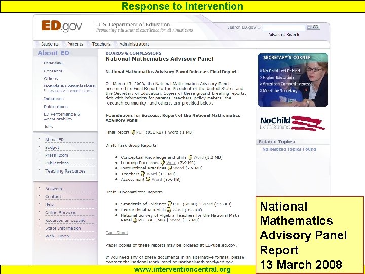 Response to Intervention www. interventioncentral. org National Mathematics Advisory Panel Report 13 March 2008