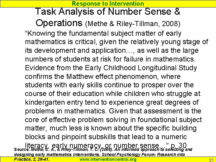 Response to Intervention Task Analysis of Number Sense & Operations (Methe & Riley-Tillman, 2008)