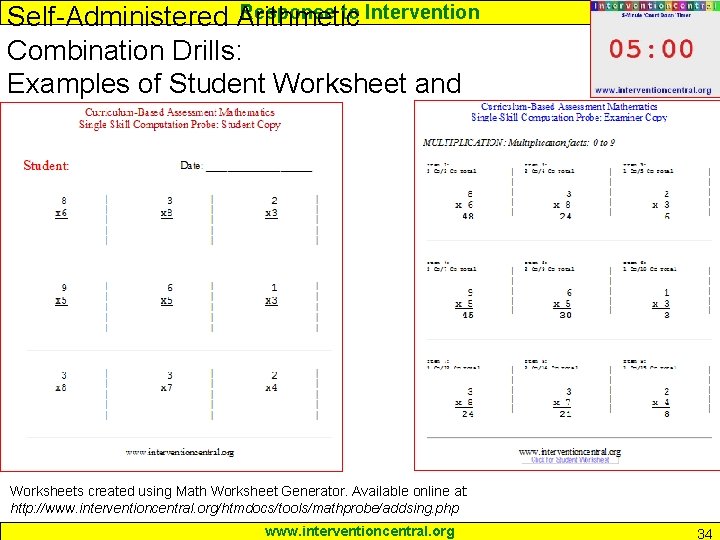 Response to Intervention Self-Administered Arithmetic Combination Drills: Examples of Student Worksheet and Answer Key