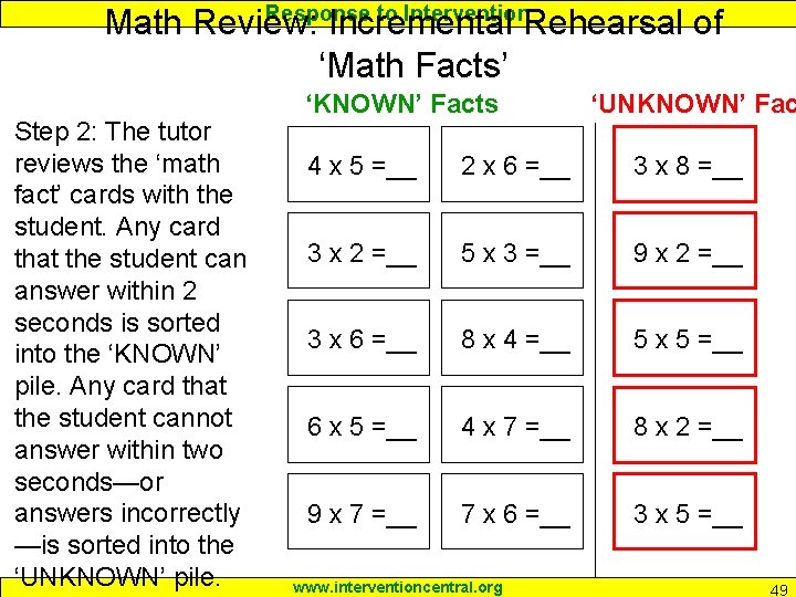 Response to Intervention Math Review: Incremental Rehearsal of ‘Math Facts’ Step 2: The tutor