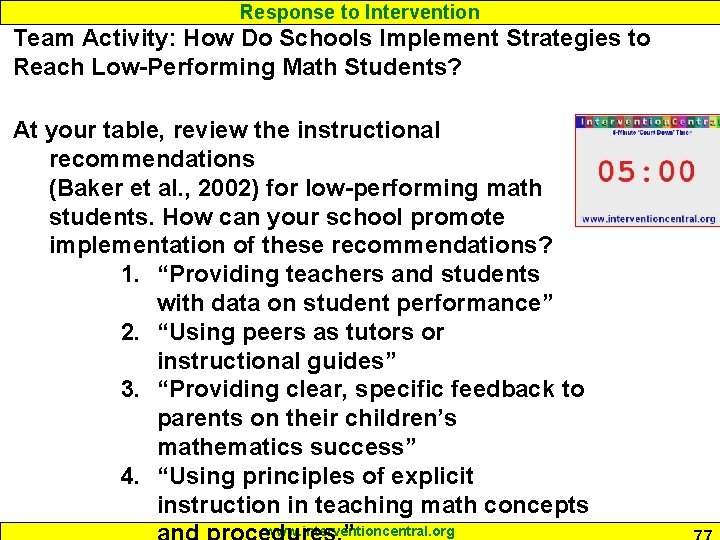 Response to Intervention Team Activity: How Do Schools Implement Strategies to Reach Low-Performing Math