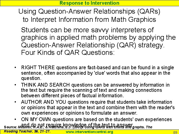 Response to Intervention Using Question-Answer Relationships (QARs) to Interpret Information from Math Graphics Students