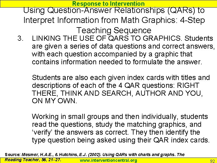 Response to Intervention Using Question-Answer Relationships (QARs) to Interpret Information from Math Graphics: 4