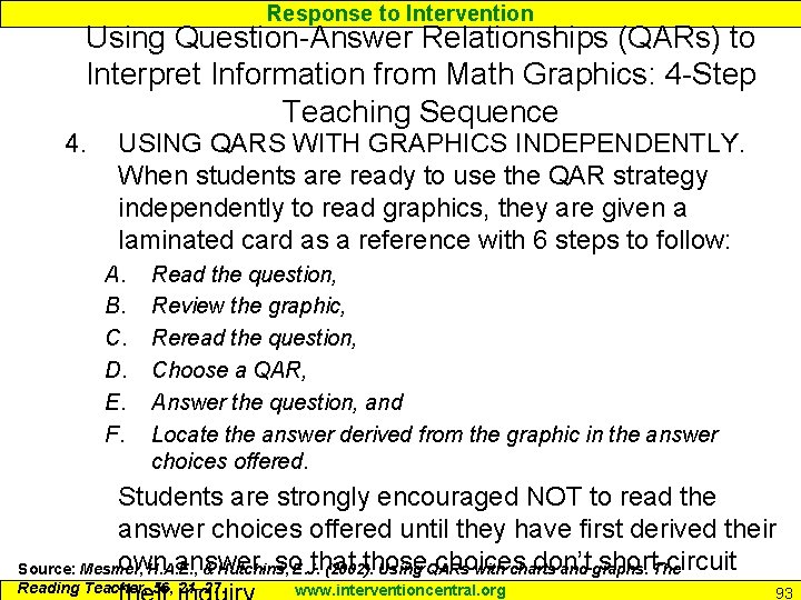 Response to Intervention Using Question-Answer Relationships (QARs) to Interpret Information from Math Graphics: 4