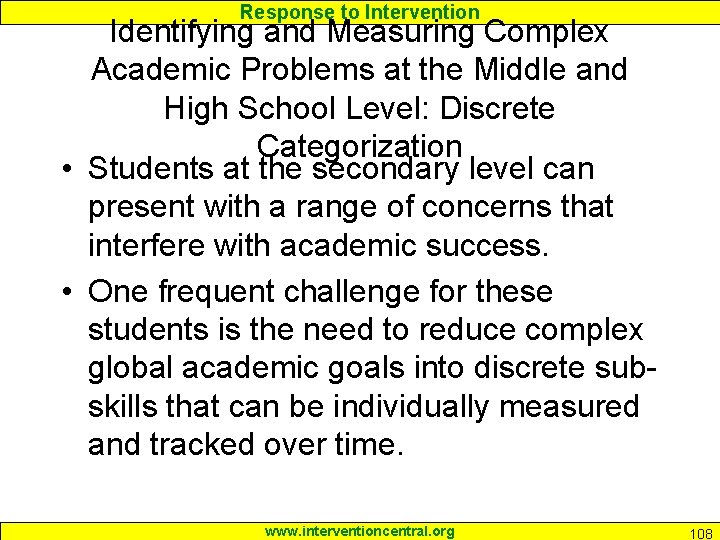 Response to Intervention Identifying and Measuring Complex Academic Problems at the Middle and High