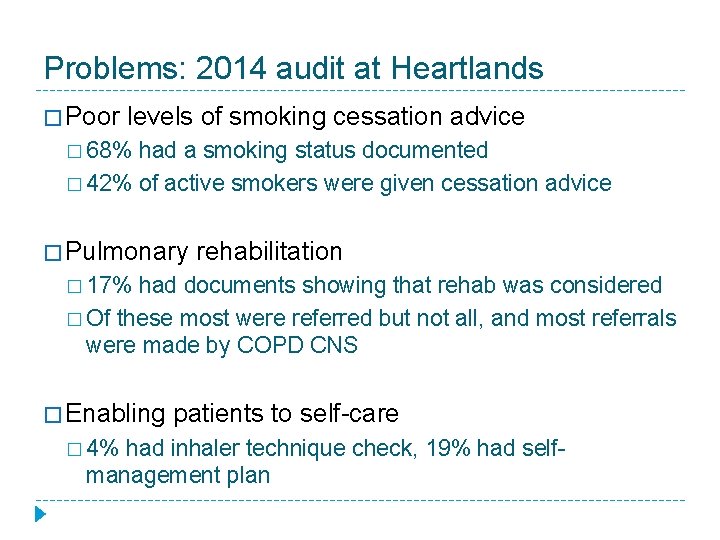 Problems: 2014 audit at Heartlands � Poor levels of smoking cessation advice � 68%