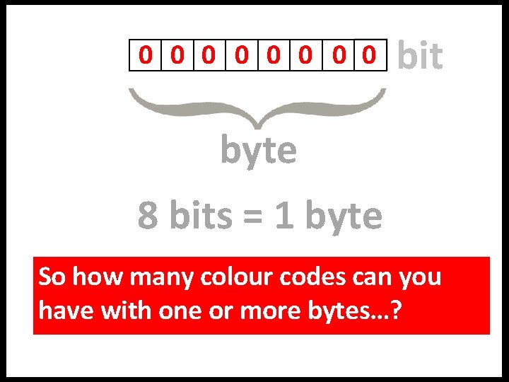 0 0 0 0 00 bit byte 8 bits = 1 byte So how