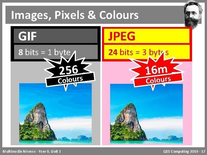 Images, Pixels & Colours GIF JPEG 8 bits = 1 byte 24 bits =