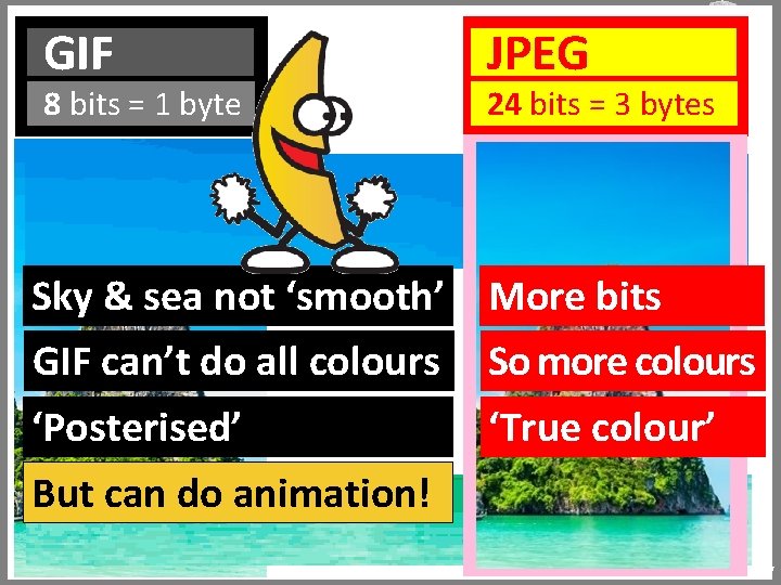 GIF & One Byte GIFs 8 bits = 1 byte JPEG 24 bits =