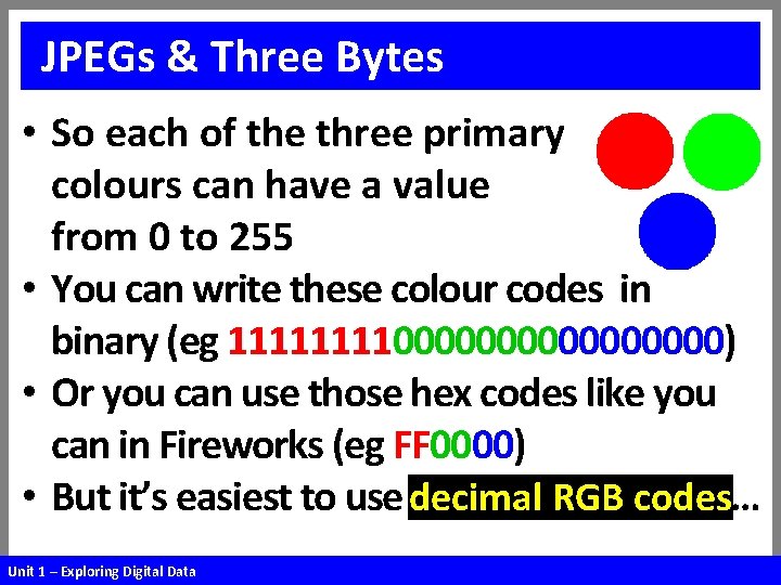 JPEGs & Three Bytes • So each of the three primary colours can have