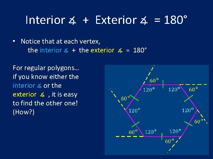 Interior ∡ + Exterior ∡ = 180° • Notice that at each vertex, the