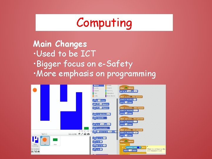 Computing Main Changes • Used to be ICT • Bigger focus on e-Safety •