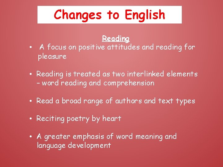 Changes to English Reading • A focus on positive attitudes and reading for pleasure