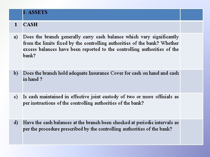 I- ASSETS 1 CASH a) Does the branch generally carry cash balance which vary
