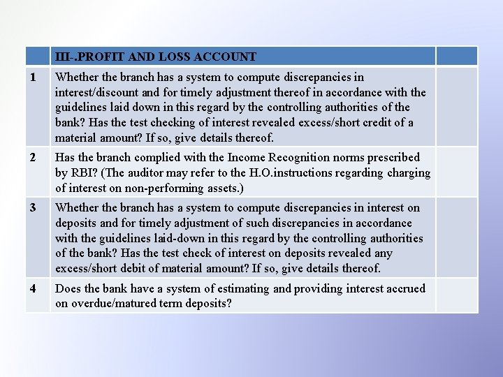 III-. PROFIT AND LOSS ACCOUNT 1 Whether the branch has a system to compute