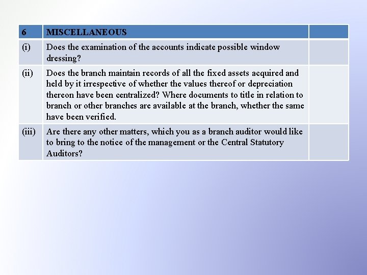 6 MISCELLANEOUS (i) Does the examination of the accounts indicate possible window dressing? (ii)