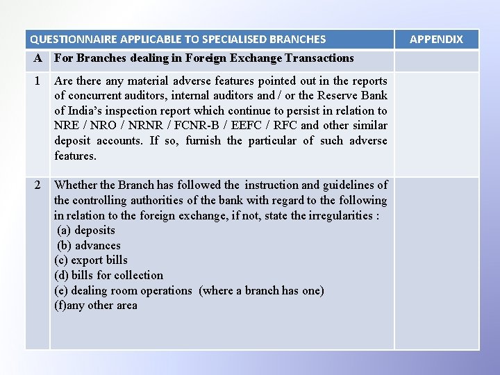 QUESTIONNAIRE APPLICABLE TO SPECIALISED BRANCHES A For Branches dealing in Foreign Exchange Transactions 1