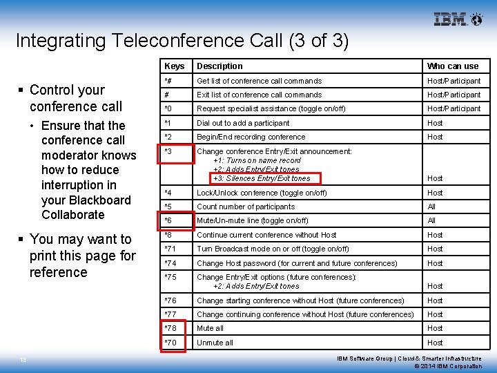 Integrating Teleconference Call (3 of 3) Keys Description Who can use *# Get list